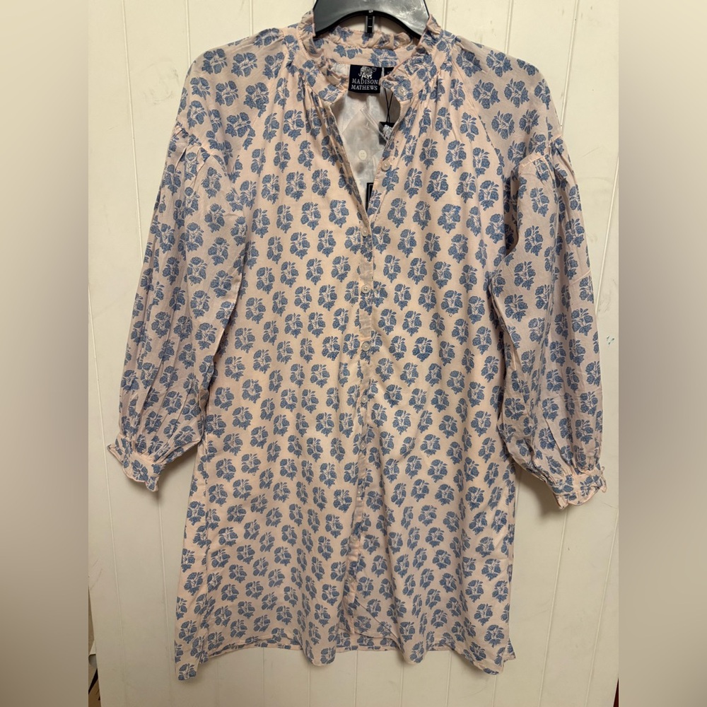 Madison Mathews Pink and Blue Ruffle collar block print dress NWT size XS